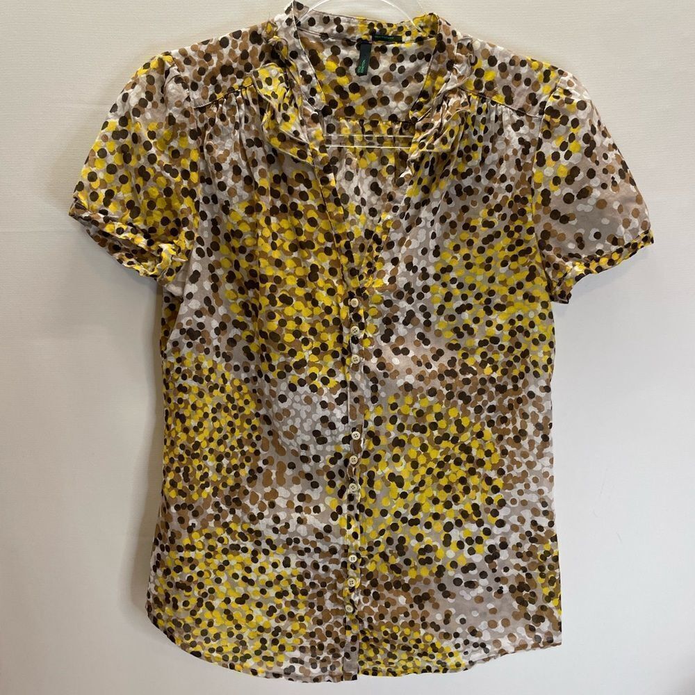 Stile Benneton Yellow Polka Dot Short Sleeve Button Down Blouse